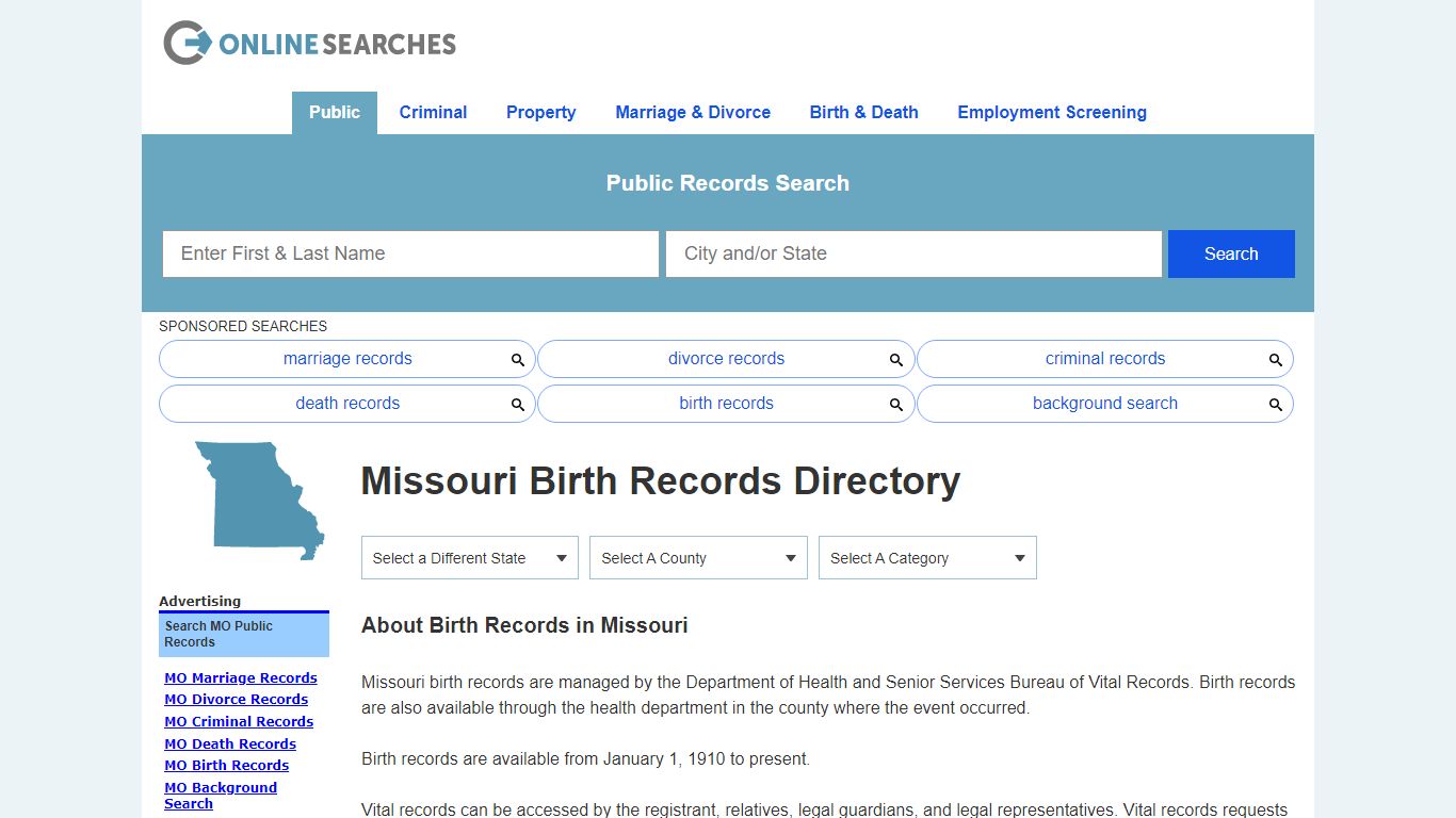 Missouri Birth Records Search Directory - OnlineSearches.com
